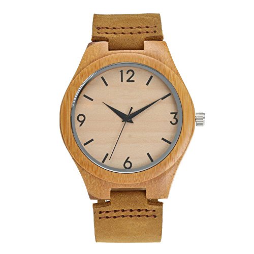 COOFEEL 木製 腕時計牛革レザーストラップ ウッド ウォッチ 竹の木 メンズ レディース 高級 ブランド 天然木彫刻 (レディース腕時計)